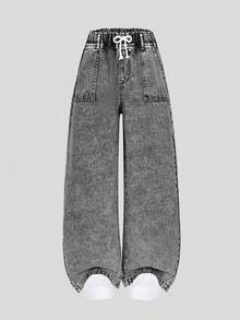 SHEIN Explorewe Teen Girls' Light Blue Washed Denim Casual Versatile Comfortable Bow Decor Drawstring Elastic Waist Pockets Wide Leg Jeans Suitable For All Seasons, This Straight-Leg, Loose-Fitting Design Features A Drawstring Waist, Delicate Pockets, And A Simple, Comfortable, And Versatile Style. - Light Grey - View 8