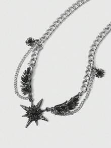 ROMWE 1pc Y2K Black Feather Wing & Star Pendant Necklace, Punk Gothic Grunge Cool Girl Neck Chain, Goth Alternative Unique Collarbone Chain - Multicolor - View 2