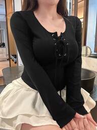 Dazy Plus 大码女式弹力修身圆领短款系带设计长袖T恤