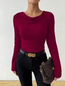 Almamuse Vintage Asymmetrical Draped Neck Textured Ruched Fitted Long Sleeve T-Shirt - Rose Red - View 5
