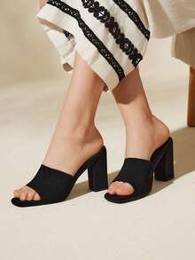 Sandalias de mujer con banda única acanalada y tacón grueso para verano, graduación, baile de graduación, vacaciones, rebajas de verano, regreso a la escuela, estudiantes universitarias, Navidad, otoño, Año Nuevo y vacaciones - Negro - Ver 5