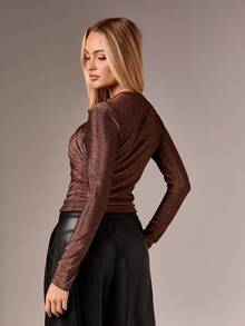 AiiRZ Shimmer Long Sleeve Ruched Top With Mock Neckline Metallic Fabric For Evening Party Club - Brown - View 2