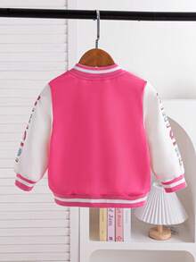 1pc Baby Girl's Fashionable Cute Sweet Floral Print Rose Pink & White Patchwork Baseball Jacket, Suitable For School And Sports, Spring/Autumn - Multicolor - View 2