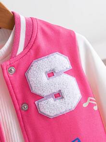 1pc Baby Girl's Fashionable Cute Sweet Floral Print Rose Pink & White Patchwork Baseball Jacket, Suitable For School And Sports, Spring/Autumn - Multicolor - View 6
