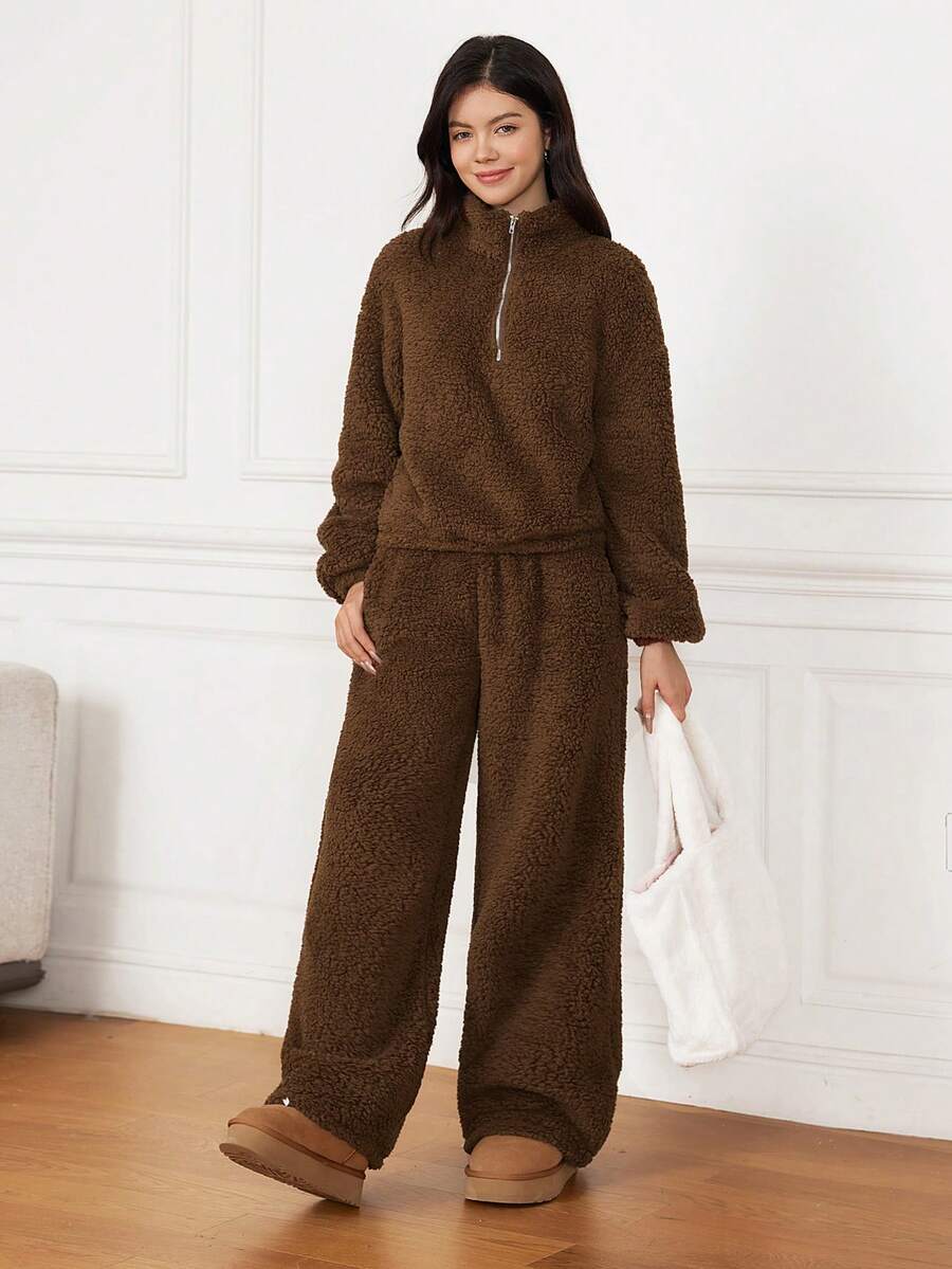 SHEIN 少女棕色羊毛翻领宽松休闲连帽衫和运动裤套装 - 棕色 - 查看 1