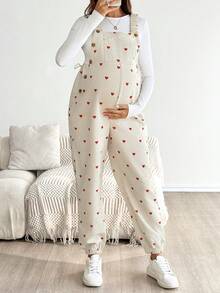 SHEIN Pregnant Women's Casual Heart Print Bib Jumpsuit Pregnant Outfits Maternity Jumpsuits For Woman Pregnancy Clothes Maternity Clothes Pants Pregnancy Pants  Winter - Multicolor - View 4