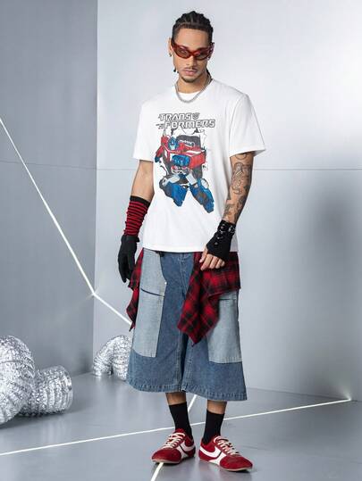 Transformers X SHEIN Men's Robot & Letter Graphic Round Neck Short Sleeve T-Shirt