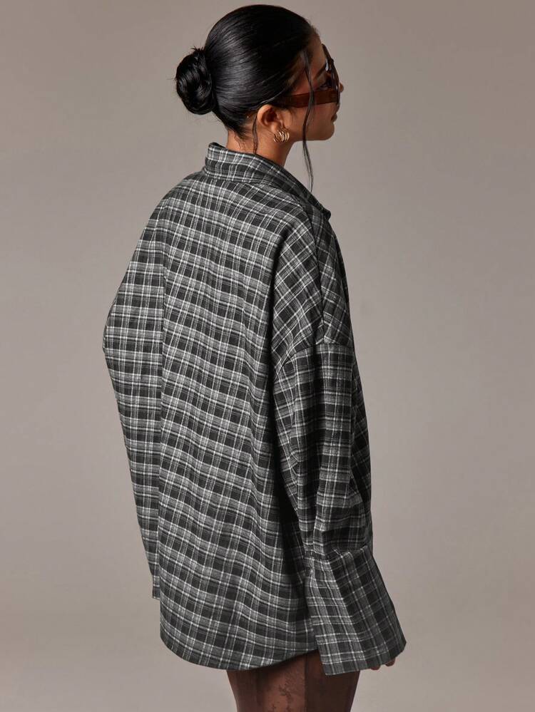 Oversized Checked Button Down Shirt With Patch Pocket