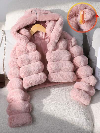 SHEIN Elladie kids 1 Áo khoác lông nhân tạo mềm mại cho bé gái, Áo khoác trùm đầu tay dài thanh lịch, dáng ngắn, phù hợp cho mùa thu/đông