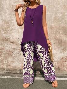 EMERY ROSE 2 件套女士纯色圆领高低下摆无袖上衣和花卉印花阔腿裤套装 - 紫色 - 查看 3