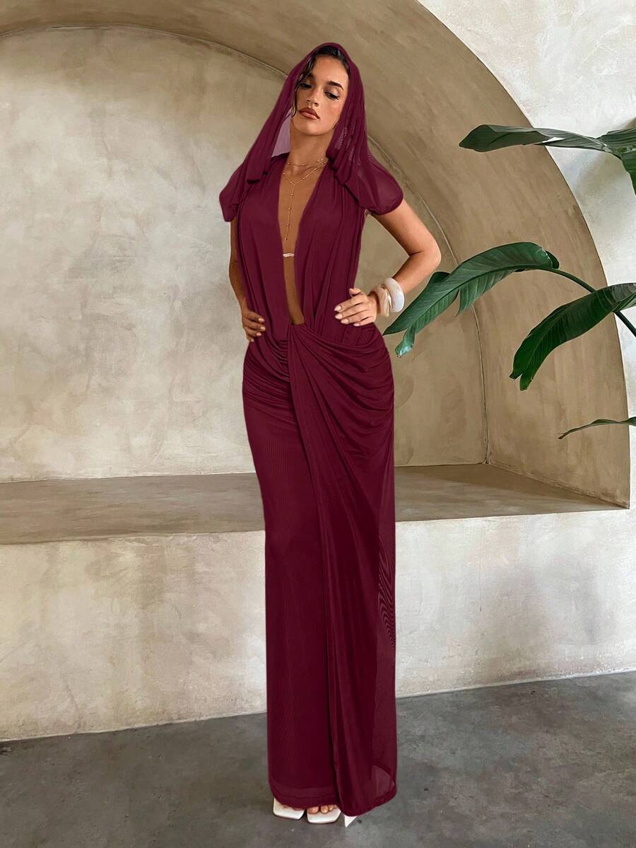 Aloruh 杏色深V领性感垂褶网纱针织无袖连衣裙，婚纱 - 酒紅色 - 查看 1