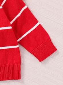 SHEIN Bébé garçon/fille pull décontracté et polyvalent à rayures colorées avec col et demi-zip - Rouge - Voir 5