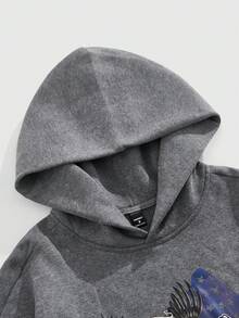 ROMWE MEN Street Life Men's Casual Flag & Eagle Print Hoodie, Autumn/Winter, Long Sleeve Top - Grey - View 3