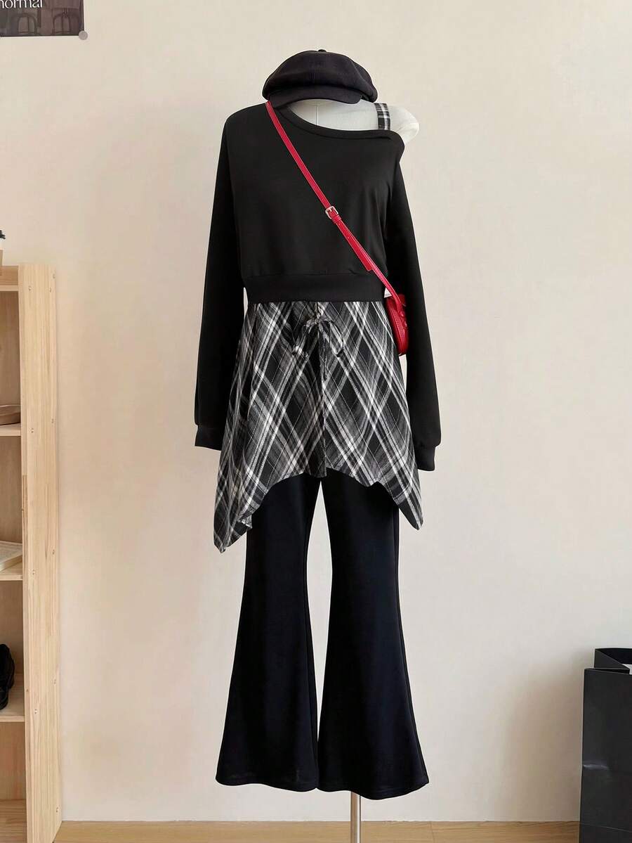 Franclia Plus Size Casual Solid & Plaid Patchwork 2 In 1 Long Sleeve Sweatshirt - Black - View 1