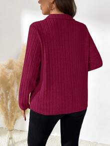 EMERY ROSE Camiseta casual de manga larga de unicolor acanalada para mujer de talla grande, otoño - Rosa Fucsia - Ver 2