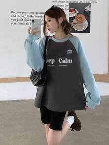 DAZY 女式标语印花撞色圆领插肩袖休闲运动衫，秋冬 - 彩色 - 查看 7