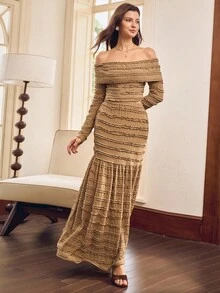 Penseblé 1 套女士休闲纯色露肩长袖上衣和裙子两件套服装 - 卡其色 - 查看 4