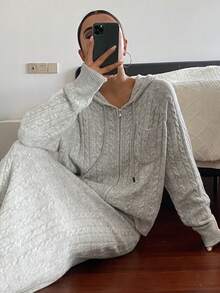 Livesso 女式秋季粗针织连帽上衣和休闲长裙两件套 - 灰色 - 查看 3