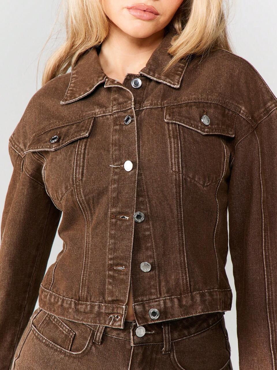 MISSGUIDED Women Long Sleeve Denim Jacket With Cinched Waist Button Front Brown Wash Fall Winter Outerwear
