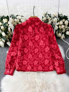 SHEIN Unity 女士红色提花面料翻领长袖休闲通勤时尚优雅复古衬衫 - 酒紅色 - 查看 4