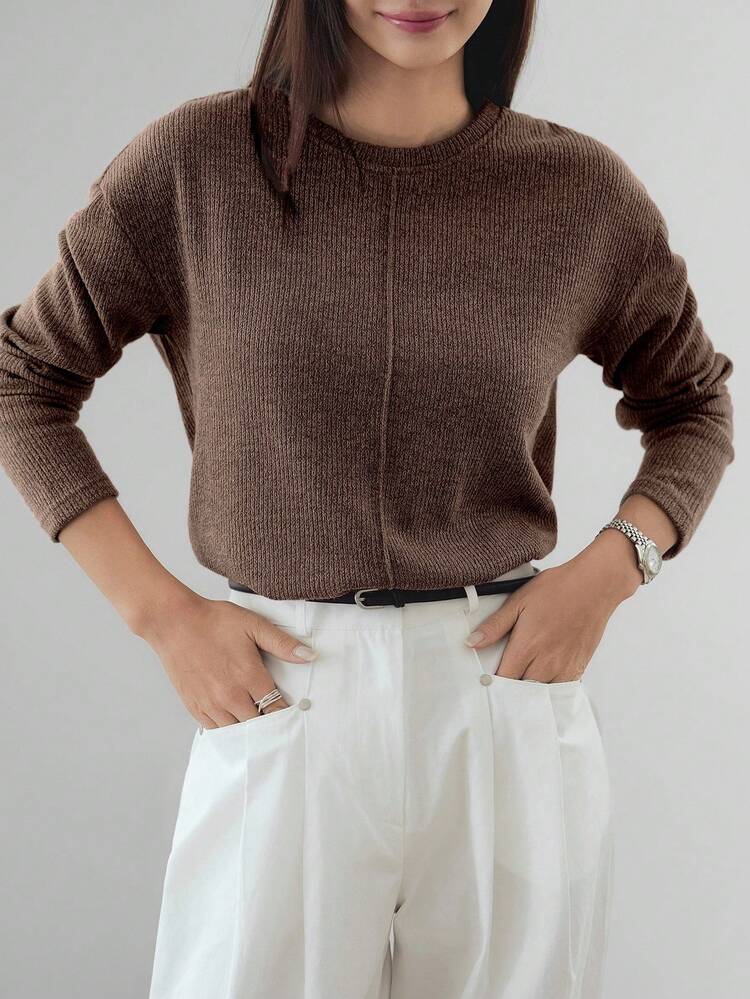 Women's Basic Solid Color Patchwork Long Sleeve T-Shirt, Loose Fit Business Casual Office Wear, Suitable For Autumn, Winter, Spring