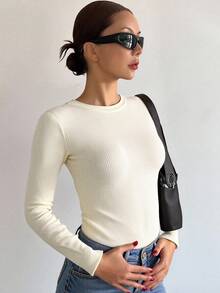 DAZY Suéter de cuello redondo de unicolor, ajustado y elegante, de manga larga y versátil - Albaricoque - Ver 3