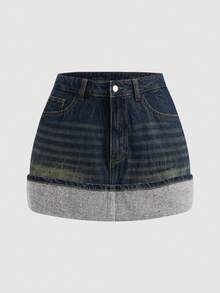 SHEIN MOD 女式休闲口袋卷边短款牛仔迷你裙 - 深色水洗藍 - 查看 6