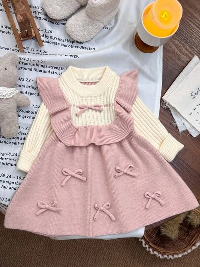 SHEIN Babygirl Colorblock Bow Decor Knit Dress, Suitable For Autumn/Winter
