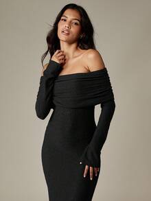 MISSGUIDED Off Shoulder Long Sleeve Knit Maxi Dress Bodycon Evening Formal Party Winter Fall - Black - View 3