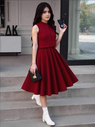 青少年女孩夏季简约纯色前扣无袖上衣和迷你裙套装