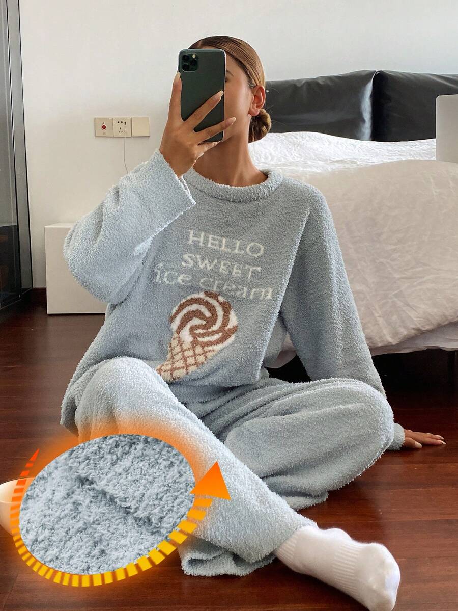 DAZY Teen Girl Ice Cream Print Crew Neck Long Sleeve Top And Wide Leg Pants Casual Loungewear Pajama Set - Blue - View 1