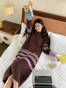 DAZY Striped Loose Long Sleeve Knitted Nightgown, Women Sleepwear Dress For Autumn/Winter Pajama - Brown - View 9