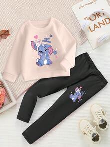 SHEIN 秋季套装，女童休闲时尚创意可爱卡通兔子爱心蝴蝶结装饰字母印花卫衣和黑色打底裤两件套，秋冬季保暖舒适。 - 彩色 - 查看 3