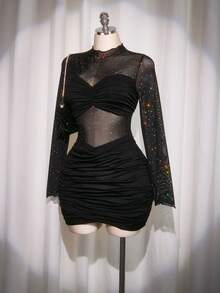 SHEIN ICON 大码女式性感夜店装黑色迷你连衣裙 - 黑色 - 查看 3