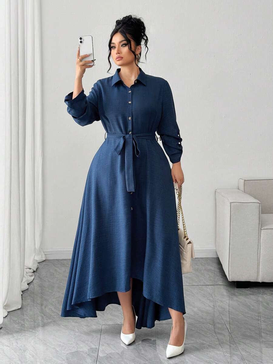 Elenzga Women's Casual Solid Color Long Sleeve Shirt Dress, Autumn/Fall - Blue - View 1