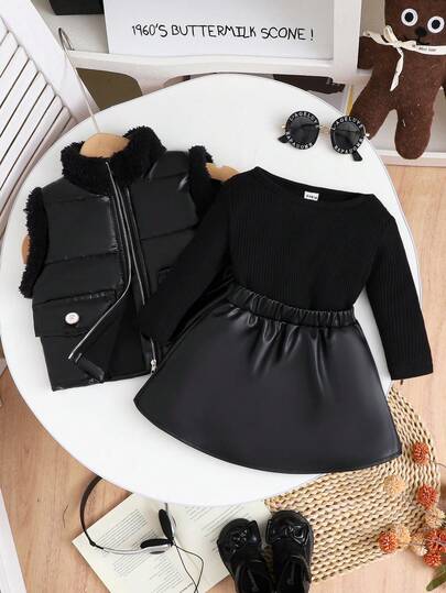 SHEIN Elladie kids 3 件套女婴时尚街头复古优雅人造毛皮背心夹克搭配黑色罗纹长袖 T 恤和黑色百褶裙，秋冬