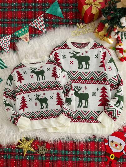 1 pieza Suéter de fiesta para niñas, elementos navideños de jacquard, cuello redondo, manga larga, dobladillo ordenado, grosor regular, buena elasticidad, patrón elegante, bien hecho, cómodo jersey de punto, adecuado para fiesta, hogar, Navidad, esencial de otoño/invierno