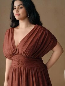 Anewsta Plus Size Women Summer V-Neck Sleeveless Ruched Waist Dress, Suitable For Beach Vacation - Brown - View 6