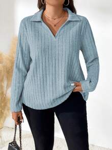 SHEIN LUNE Plus Size Women's Casual Everyday Simple Commute Solid Color Ribbed V-Neck Long Sleeve T-Shirt, Autumn - Blue - View 4