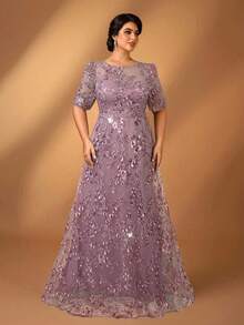 Serin Elegantes romantisches Maxikleid in Große Größen mit rundem Ausschnitt, transparenten Ärmeln, luxuriöser bestickter Perlenapplikation und A-Linie, Brautmutterkleid - Altrosa - Übersicht 7