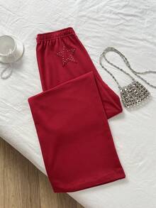 Elamini 1pc Women's Burgundy Casual, Vintage, Loose Elastic Waist Sweatpants With Simple Star Rhinestone Design, Suitable For Commuting, Office, Christmas, New Year, Autumn/Winter