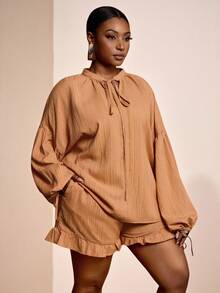 Veslaya 2025大码新款/复活节/西部/海滩/波西米亚/波西米亚风格女装/节日女装/狂欢节女装/复古风格女装/乡村音乐节女装/外出女装/仙女风格女装/节日女装/机场女装/西部女装/热带度假女装适合春夏季，春夏女士优雅通勤派对俱乐部街头装卡其色长袖短款上衣带荷叶边和口袋，休闲短裤两件套 - 卡其色 - 查看 4