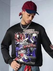 Transformers X SHEIN 男式字母与机器人图案圆领长袖运动衫 - 黑色 - 查看 4