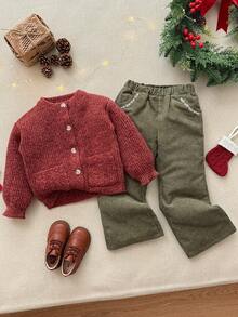 Blossori 少女法式优雅刺绣口袋喇叭裤 - 綠色 - 查看 7