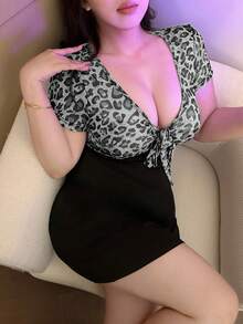 Flirla Plus Size Women Leopard Print Front Knot Short Sleeve Bodycon Mini Dress - Black and White - View 7