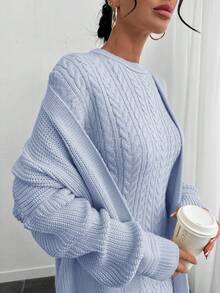 EURMUSE Damen Herbst/Winter Dicke Zopfstrick Strickjacke und Rundhals Langarm Strickkleid Lässig 2 Stücke Set - Babyblau - Übersicht 5