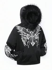 ROMWE MEN Goth 男士秋冬翼形字母印花长袖连帽休闲卫衣 - 黑色 - 查看 1