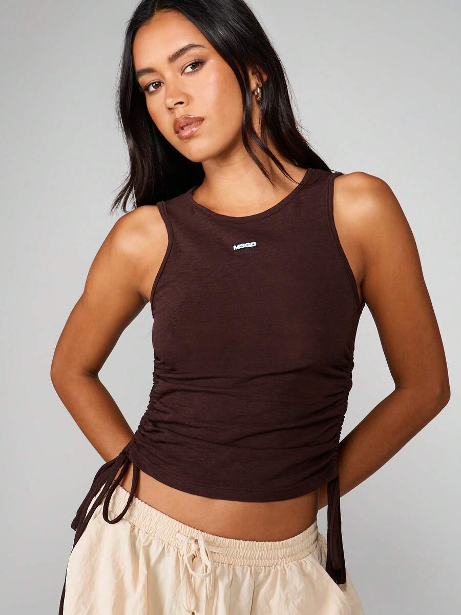 MISSGUIDED 侧边褶皱抽绳吊带背心 休闲夏季背心 - 咖啡棕 - 查看 1