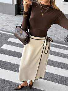 SHEIN Frenchy Nuova gonna casual lunga con fiocco laterale e profili a contrasto, adatta per l'autunno e l'inverno, per donne eleganti. Ideale per il ritorno a scuola, concerti country, casual business, insegnanti, appuntamenti, compleanni, brunch, stile western, casual business in inverno, vacanze, Capodanno - Albicocca - Visualizzare 5