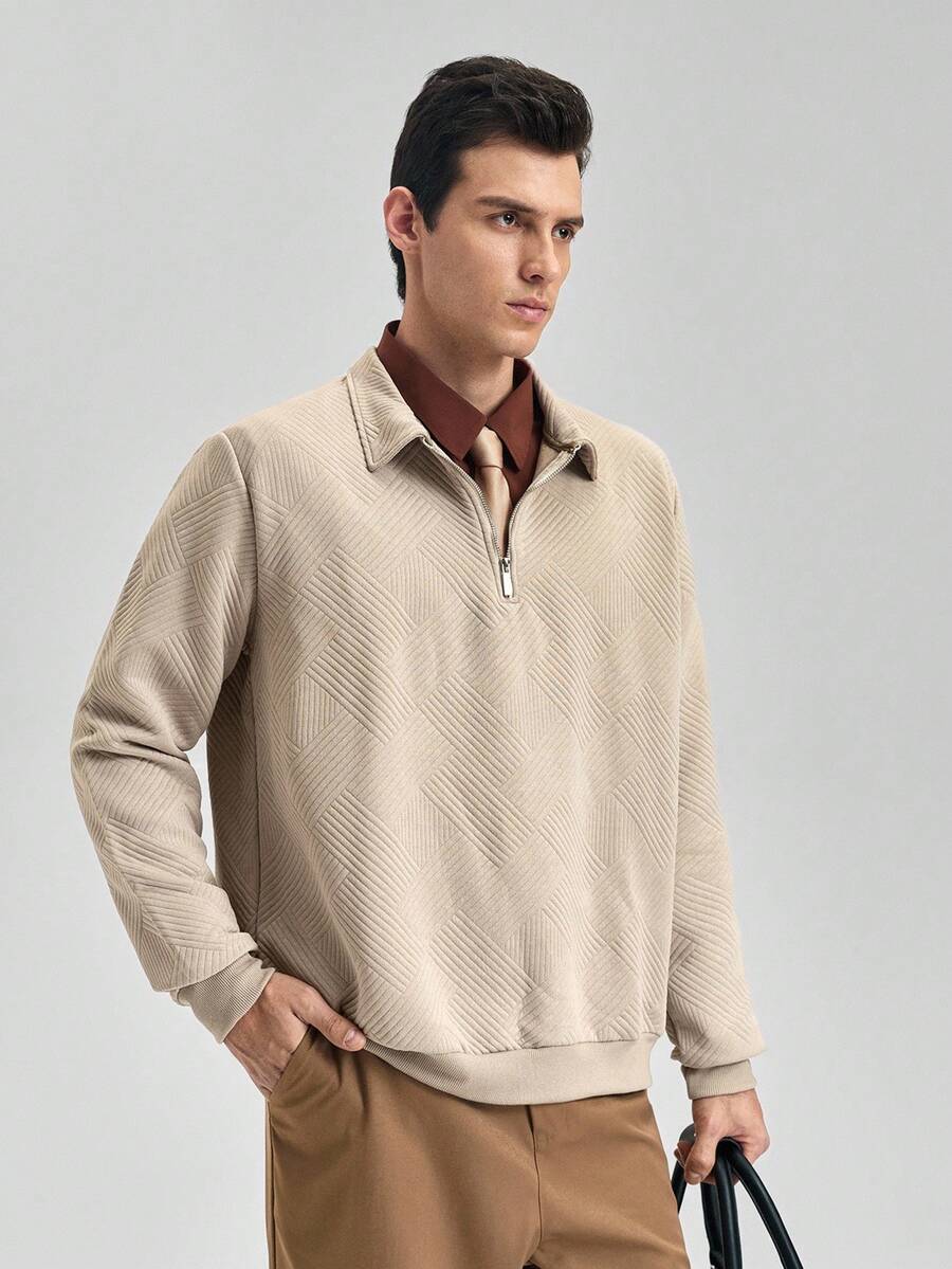Officeau 1 pieza Camisa polo de cuarto de cremallera para hombre, esencial para volver a la escuela en otoño/invierno, textura de espiga de espiga de punto jacquard, perfecta para vacaciones y uso casual, estilo de moda mejorado, otoño, dinero viejo primavera a verano - Caqui - Ver 1